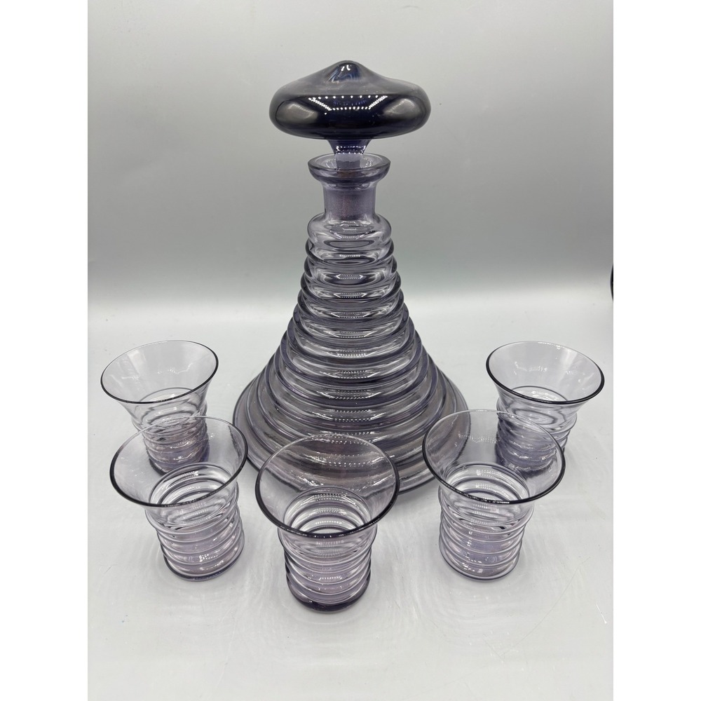 Vtg Purple Glass Beehive Decanter Set 5 Ribbed Shot Glasses Barware Unique EMPTY